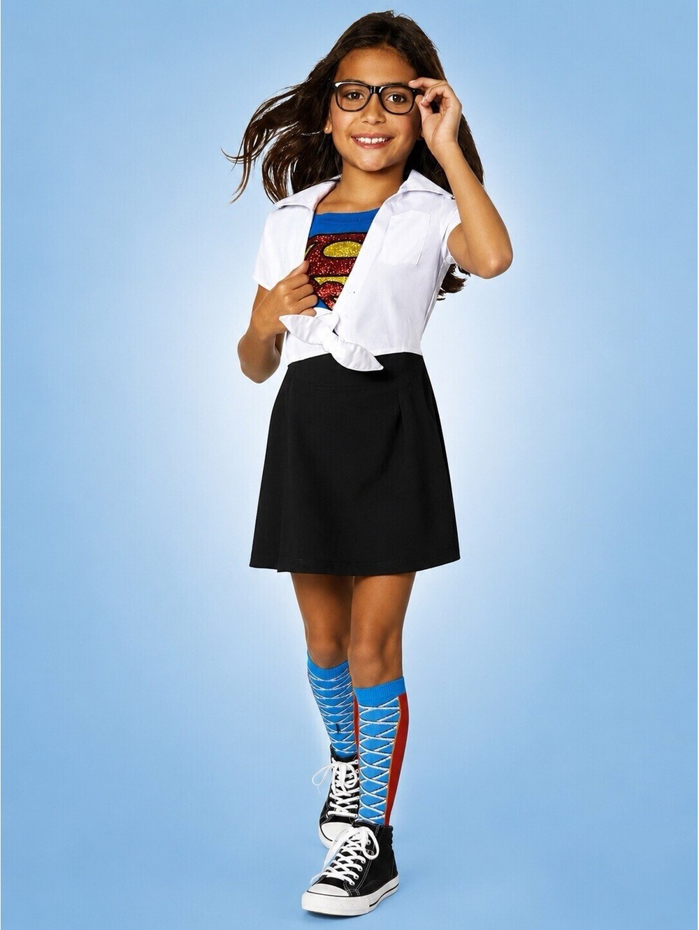 DC Supergirl Tie-Front Dress Costume w/ Glasses, Child Size 10-12